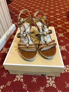 Michael Kors Brown Jeweled Wedge Sandals with Crystal T-Strap